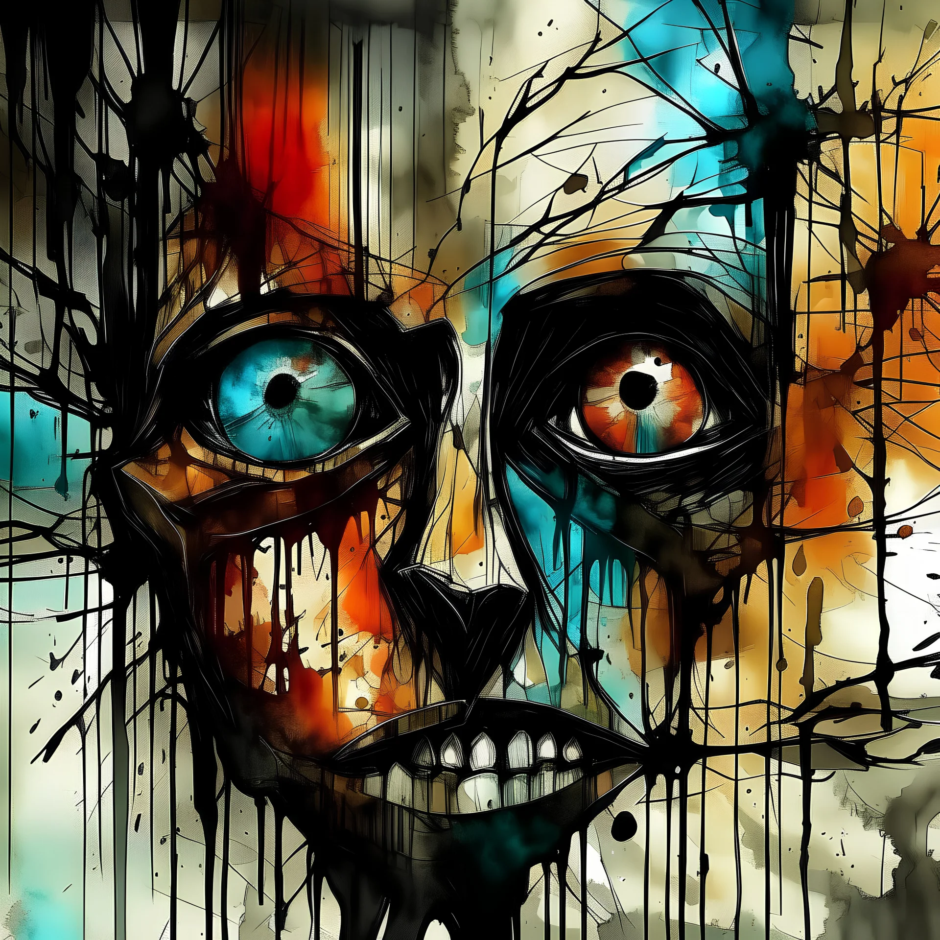 Abstract, expressionist, sketch, grunge, destroyed, apocalyptic, minimal, empty, a face with rotting jewels for eyes that cries acid into a burning building