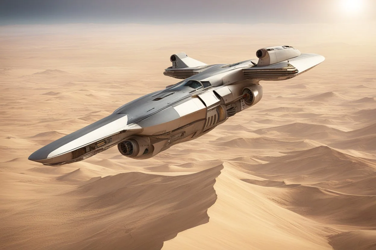 spaceship flying low over a desert city