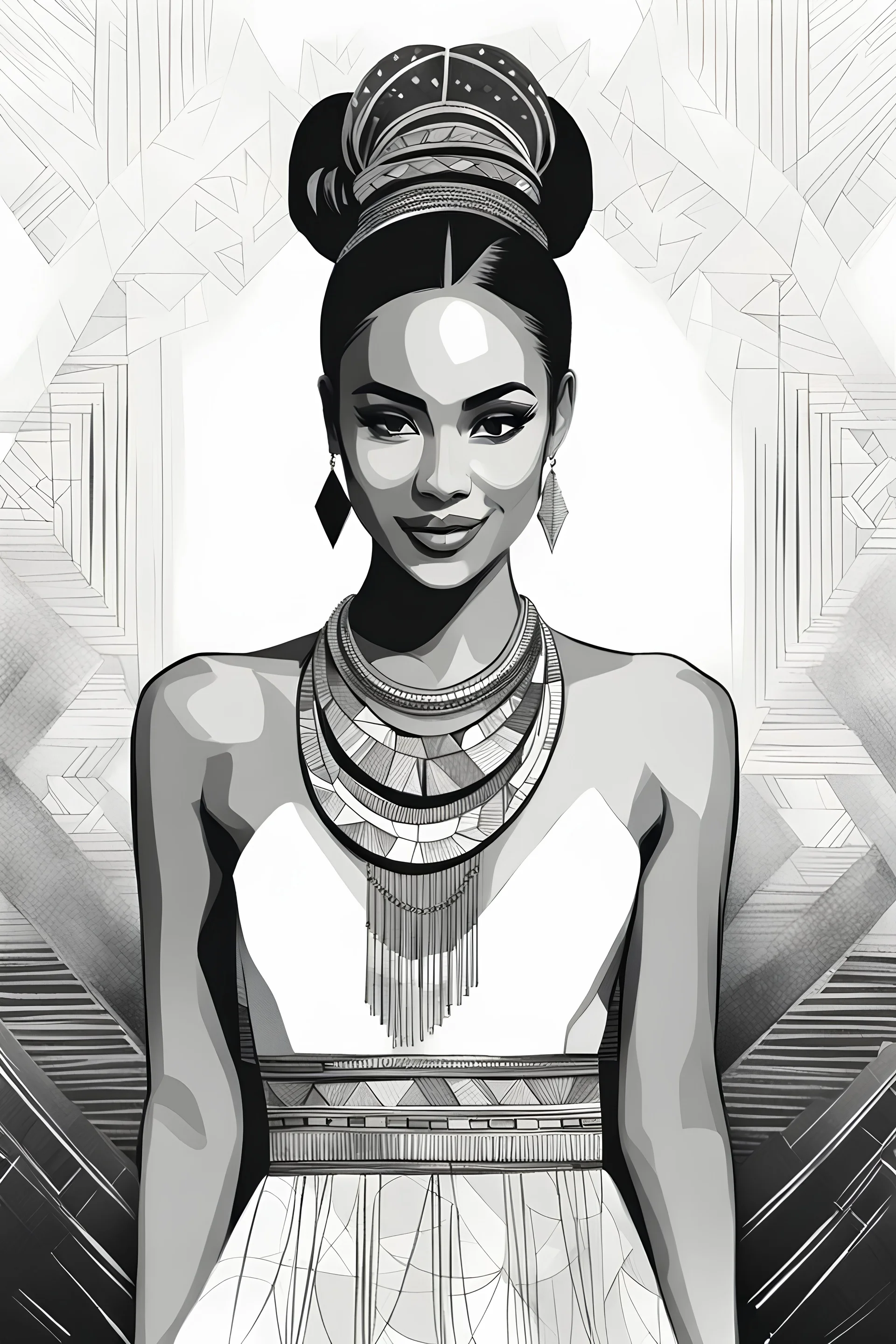 Black and white hand drawn sketch, cubism style, grainy, use shadows and shading, visible pencil strokes, an Indonesian woman with striking eyes, white tribal dress, low cut top, native necklaces, visible skin texture, slim and pale tanned-skinned native Indonesian woman, hair in a bun, Bokeh background, golden ratio. Supermodel beautiful and smiling, facing the camera