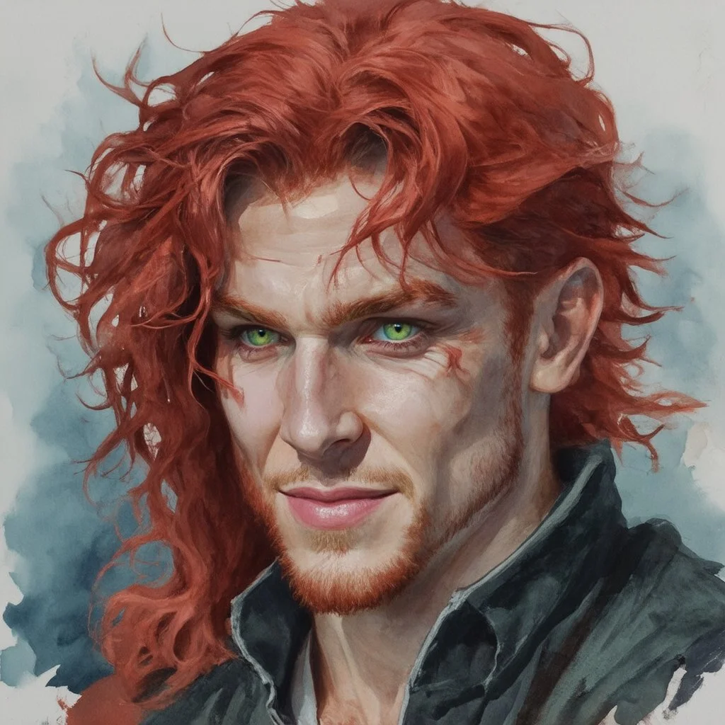 dnd, fantasy, watercolour, portrait, illustration, male, face, green eyes, determined, happy, red hair, very long hair, radiating light, five o'clock shadow