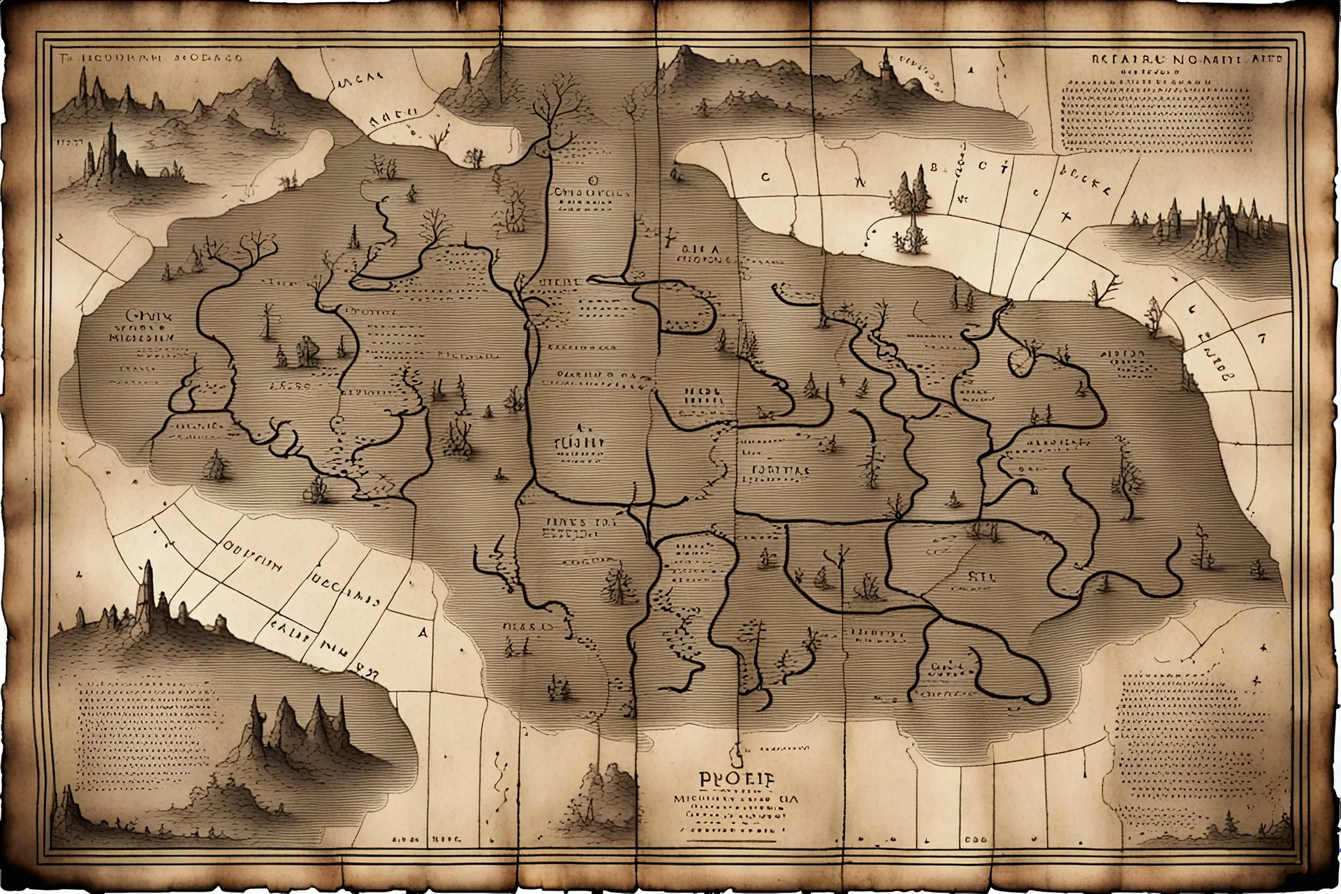 an ancient printed road map of a fictional place that was black and white and uses a Cree syllabic font, but has since been stained and weathered