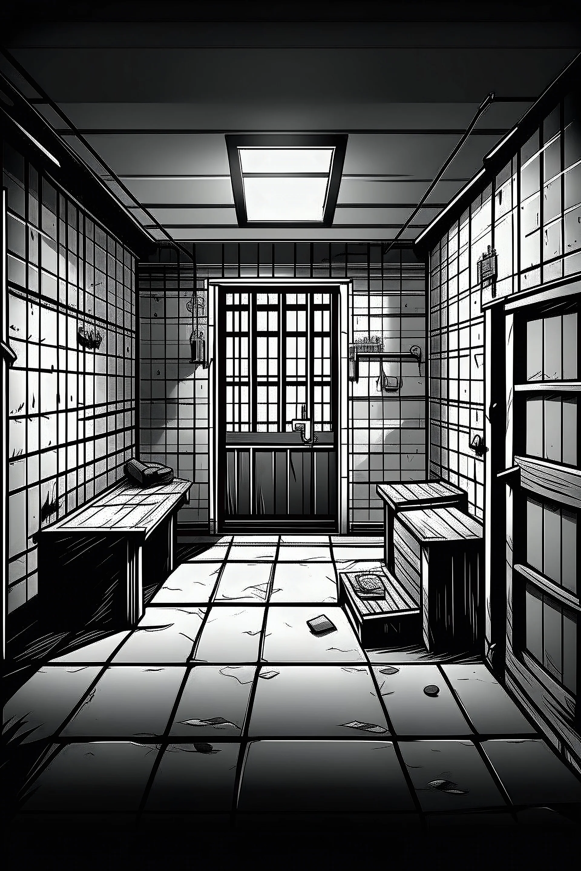 prison room- black & white illustration