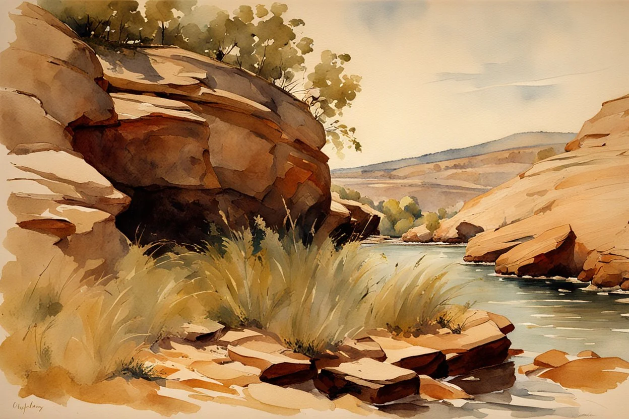 Clludy day, rocks, cliffs, arid land, river, weeds, winslow homer watercolor paintings