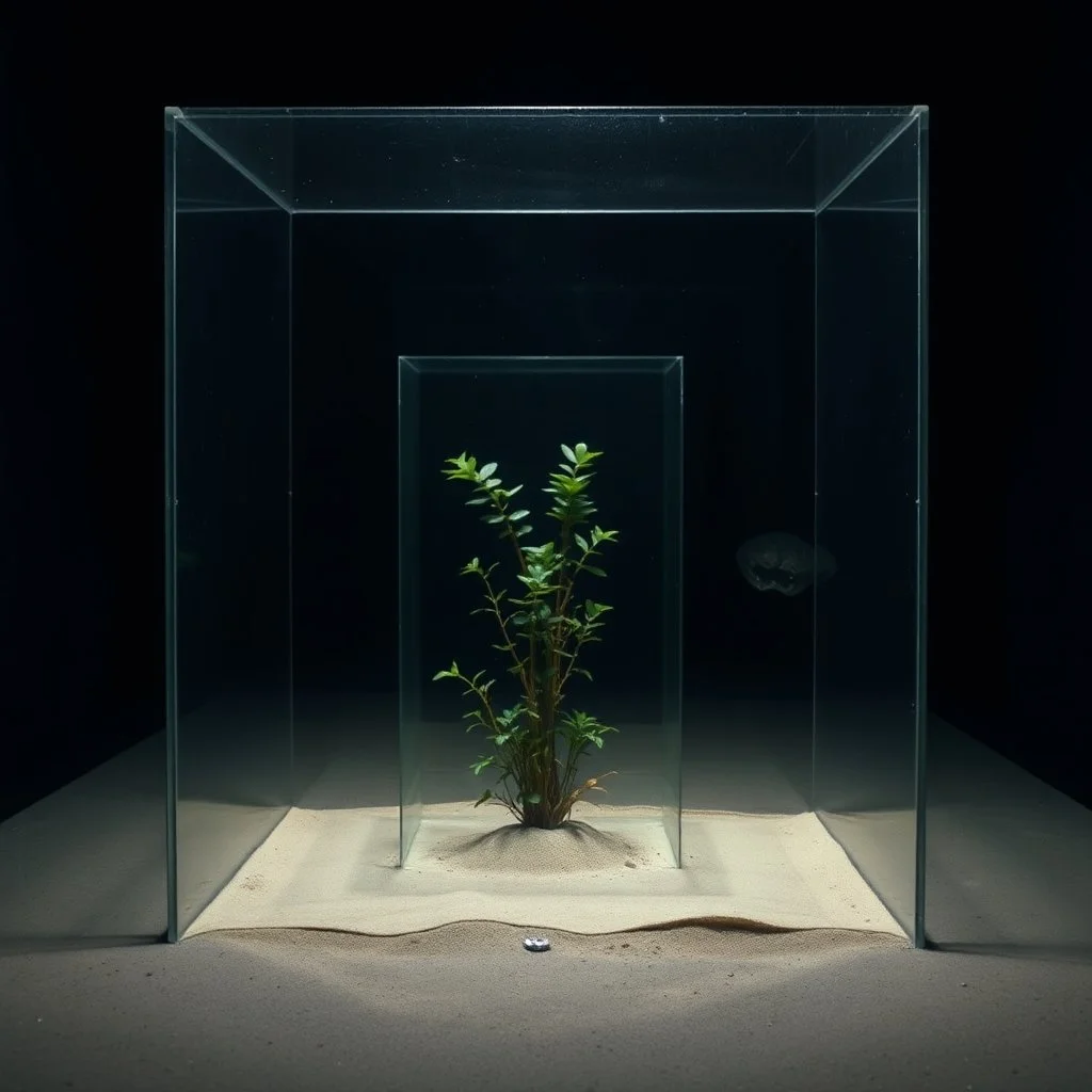 A photo of a dark, closed environment in a dark open space. At the center, a transparent structure made of plexiglass encloses a blurry element. There are plants. The surface below appears to be sandy, with small accumulations of sand. In the background, other forms are visible, some of which are dark and organic in appearance. The photo was taken with a Hasselblad H6D 400c camera.