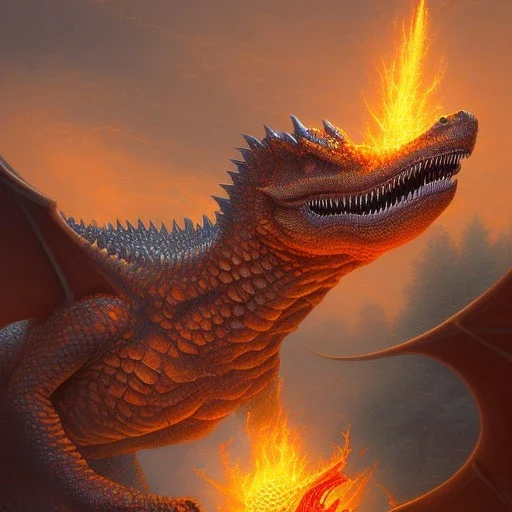 dragon kaiju, dnd dinosaur, fire lizard, flame crocodile, explosion, glowing by gerald brom thomas kinkade