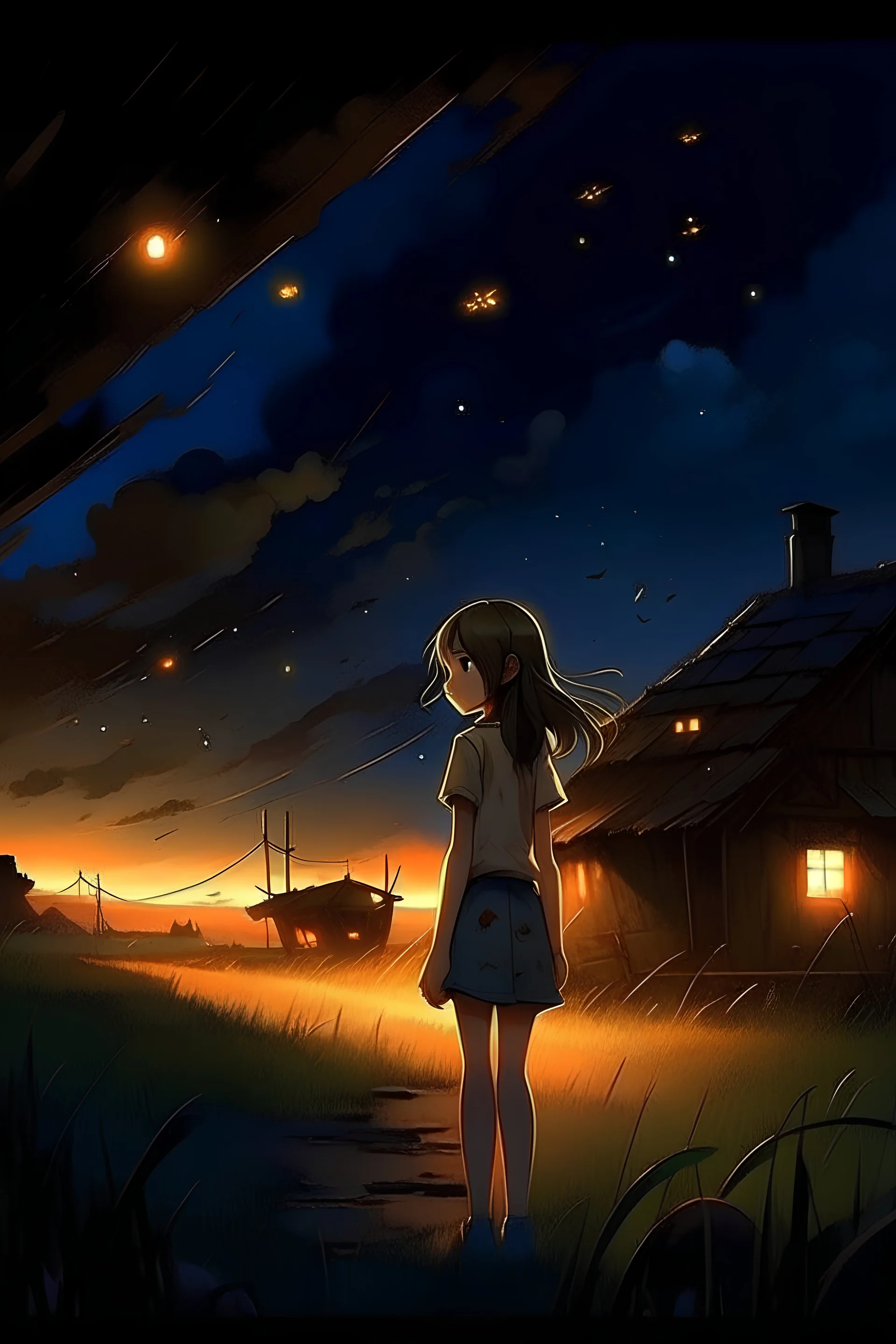 Night sky girl in war the sky there is a fighter plane Facing the back, there are fireflies, and behind it is a burning house The house burned down His house was destroyed by war
