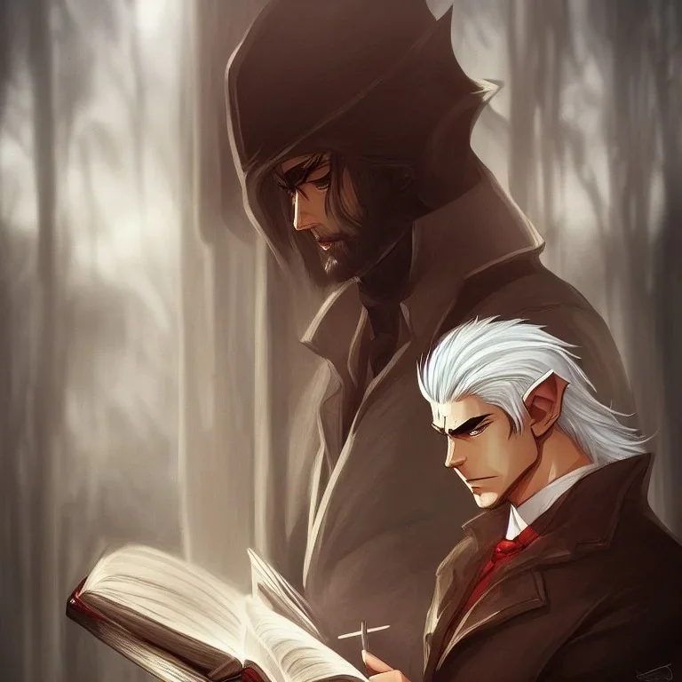 half body shot of calm elf with white hair in brown suit reading a legendary book, fantasy character, somber, gloomy lighting, epic perspective, trending on artstation