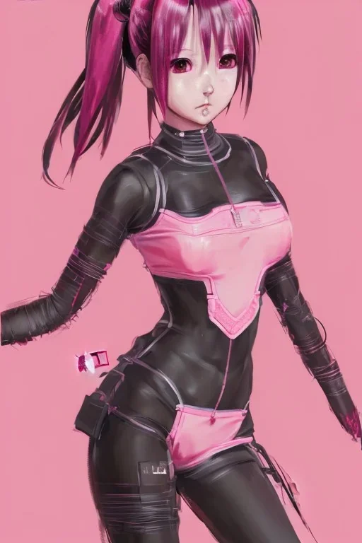 Detailed cute anime Kunoichi girl, pink hair buns, pink bangs, black latex bodysuit, intricate details, full body portrait, keep head in frame, slight smile, black Japanese motif, concept art, highly detailed, digital painting, concept art, sharp focus, illustration, art by Yoji Shinkawa, WLOP and greg rutkowski and alphonse mucha and artgerm and yanjun Chen and Junji ito and Makoto Shinkai, HDR, octane render