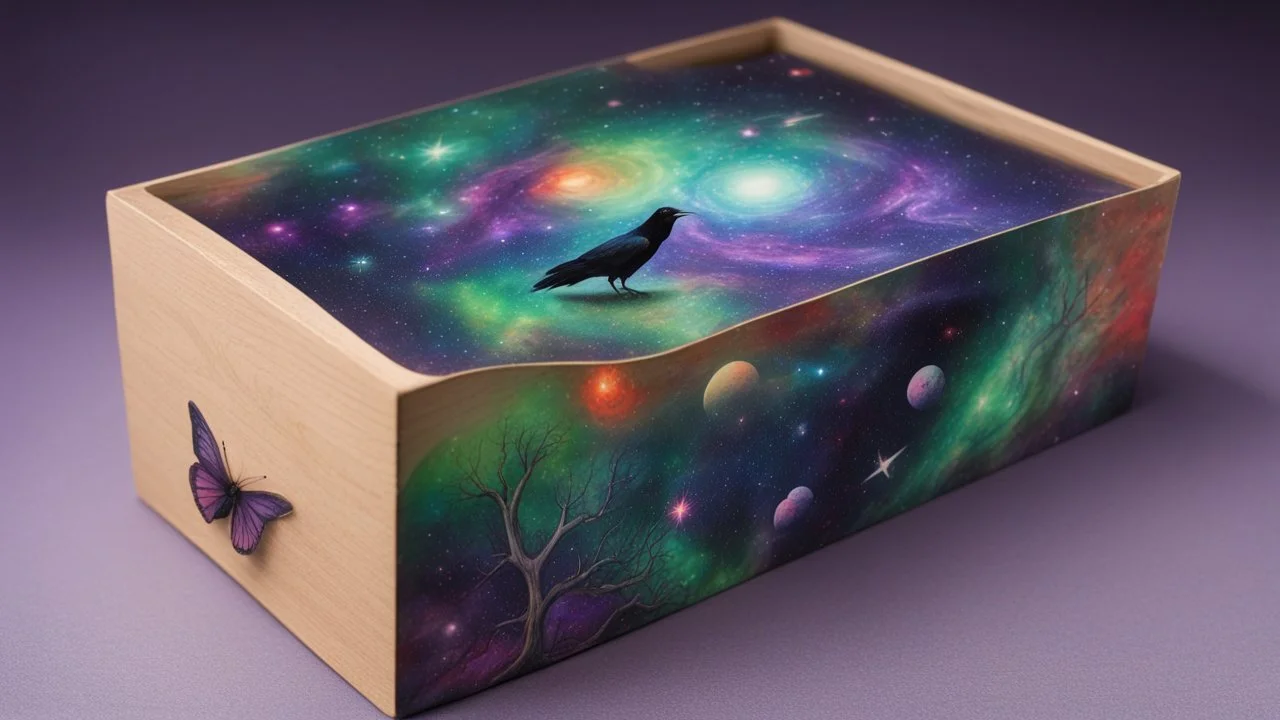 a box 10 cm long by 5 cm wide and 25 cm high, drawn on a box on all sides, space, tress, planets, butterfly nebula, crow, purple, green and red, realistic