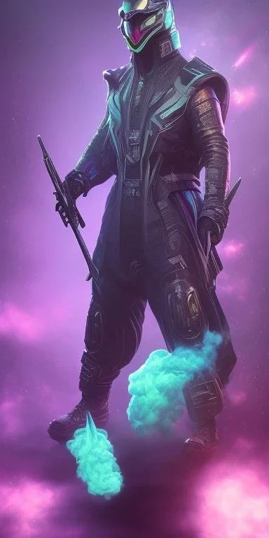 purple galaxy masked super villain, weapons in hands, teal and purple smoke, full portrait, hyper realistic, 4k