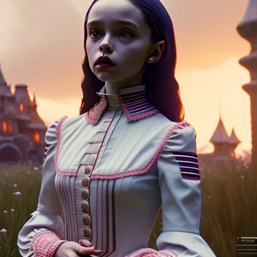 Full body, 3d render,Jenna Ortega, Wednesday addams 1800's women style, 1800's hair style, 1800's women clothes style, hyper realistic, octane render, unreal engine 5, 8k, palace background, uhd