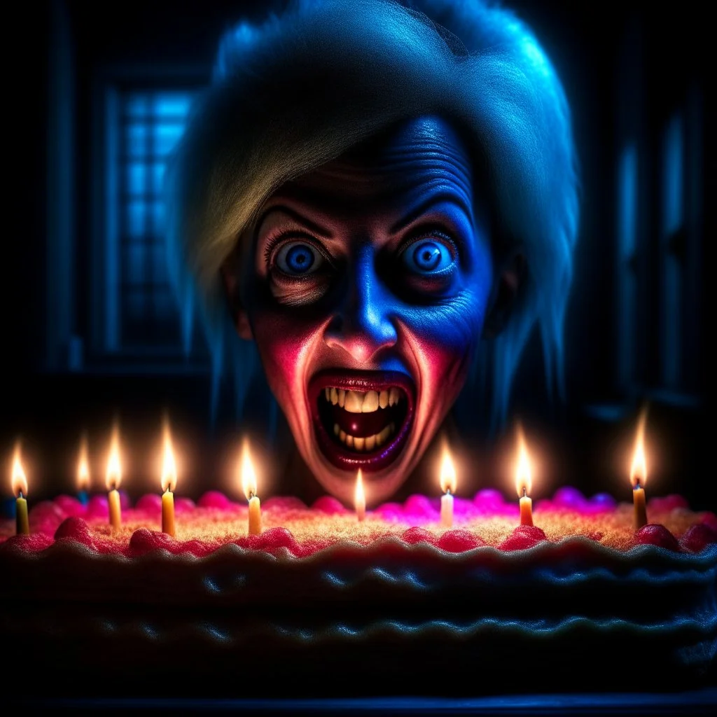 loab horror woman birthday, motion blur, 8k, downlight, soft light, depth of field, photorealism, trending on art station, lotsa detail