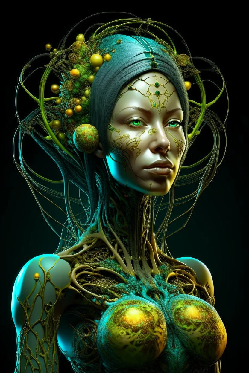 Create a surreal, futuristic portrait of a humanoid woman organic hair figure with a bright, skin surface. The figure’s head and upper body are partially disintegrated, revealing intricate, glowing, organic structures beneath the surface. The inner structures are illuminated with teal and golden hues, resembling bioluminescent veins or energy cores. The figure is in a contemplative pose, with one hand gently touching its chin. The background is minimal and abstract, allowing the focus to remain