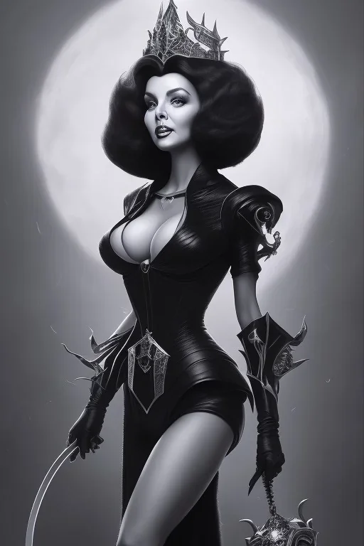 Joan Collins as evil queen in black leather, leather, busty, cleavage, angry, stern look. character design by cory loftis, fenghua zhong, ryohei hase, ismail inceoglu and ruan jia. unreal engine 5, artistic lighting, highly detailed, photorealistic, fantasy