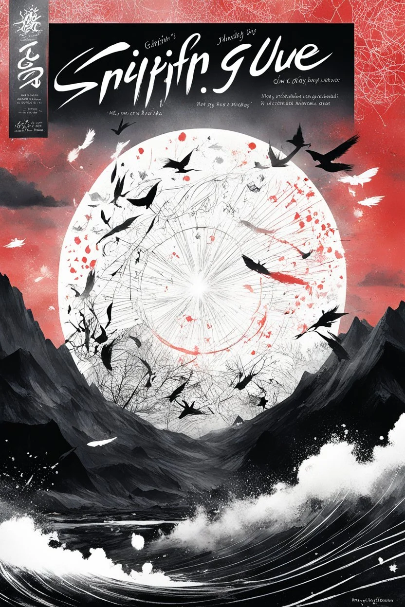 SNIFFIN’ GLUE magazine high res photo cover for special issue #666 (May 2035) on traditional calligraphy brush, expressive line, ink washed. a ray of light in a world plagued by chaos due to geopolitical tensions and global warming., [a lot of writing and table of content issues like indie magazines]