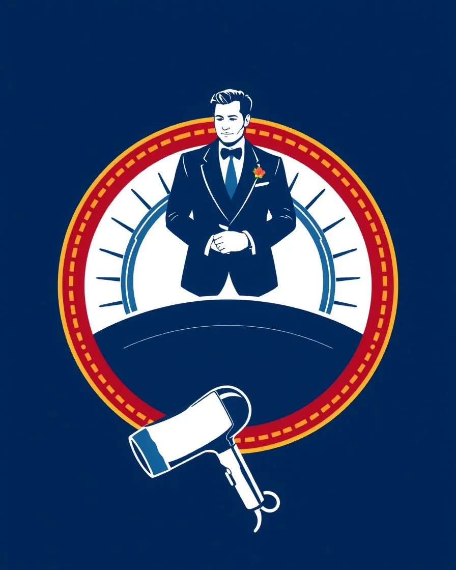 A circular logo with a groom vector in a suit at the top of the logo and a hair dryer vector logo at the bottom in a blue, red, white, and gold color theme.