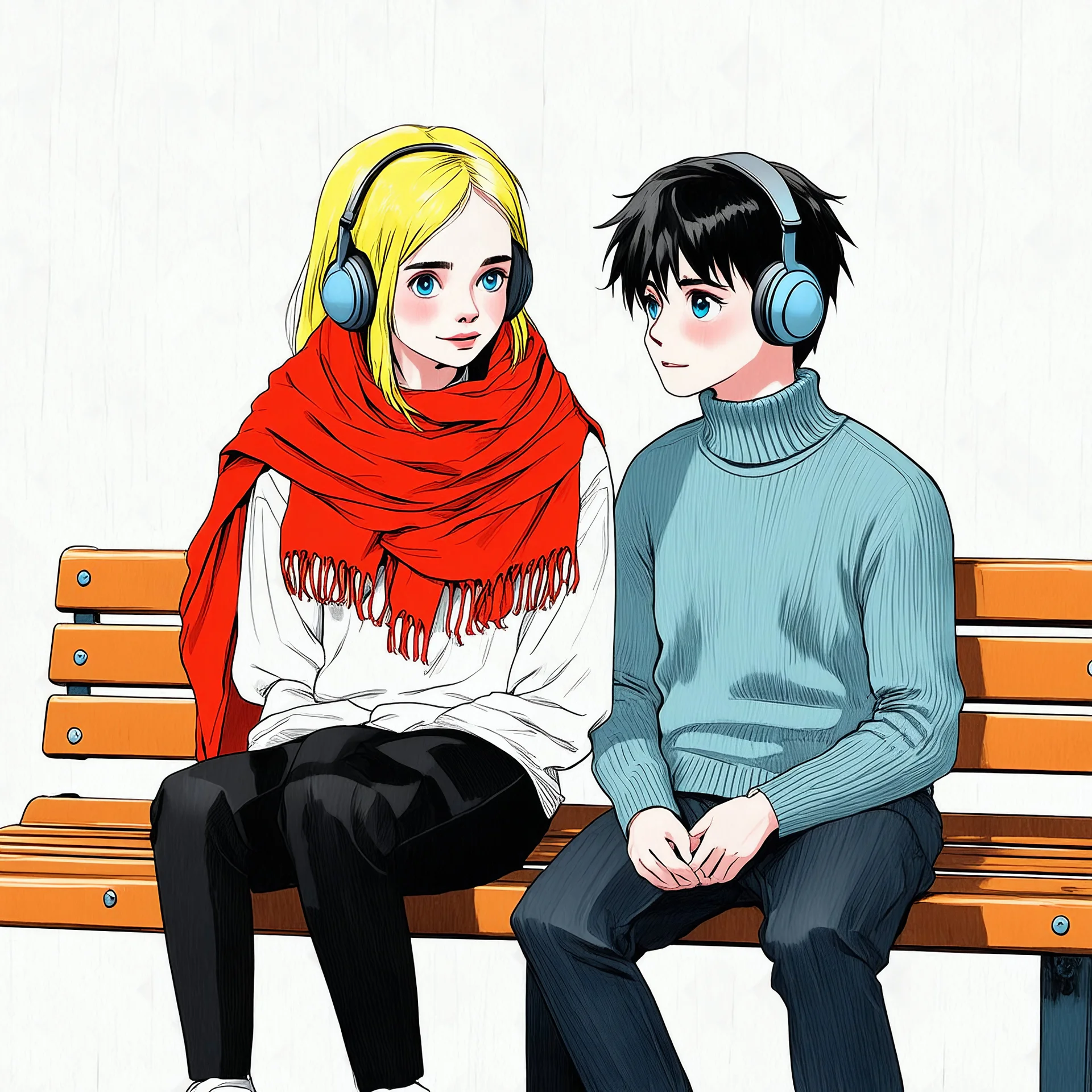 Sketch of a girl like elle fanning with yellow hair and large red scarf and à boy with black hair and blue eyes, a turtleneck sweater, sitting on a bench, listening to music
