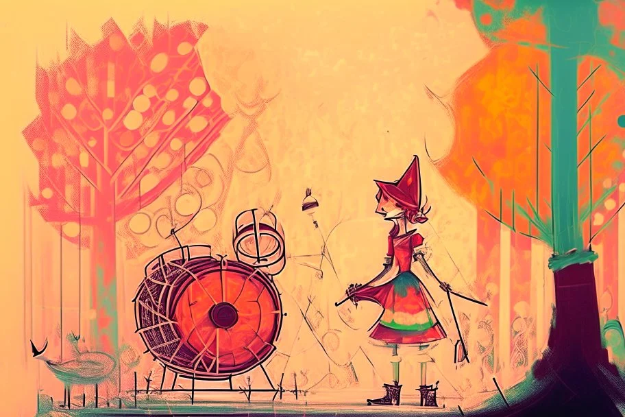 watercolor and ink, Stage, stand-up microphone, drums, guitars, speakers, forest, Hansel and Gretel, Snow White walking with Robin Hood, midwife with an iron nose, Little Red Riding Hood with a basket on her arm, wolf horn on her head in sunshine, ethereal, cinematic postprocessing, bokeh, dof