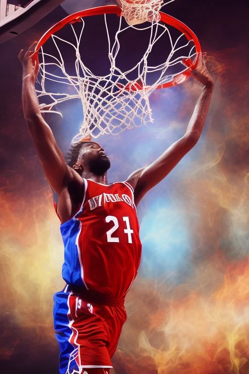 8k, highly realistic and detailed image of a NBA basketball player in action dunking the ball in the net, sweaty hair, screaming look,action and smoke and flames background