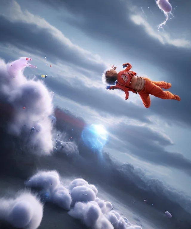 Ultra realistic speed clouds sky scene, wide angle view, strong men falling down with many Childs background, circus clothing style, feather color clothing, free jumping flying, many trinkets, hair monster, many jelly beans, balls, color smoke, smile, happy, extreme, wind, clouds sea, 20,000 feet altitude, stratosphere, soft color, highly detailed, unreal engine 5, ray tracing, RTX, lumen lighting, ultra detail, volumetric lighting, 3d, finely drawn, high definition, high resolution.