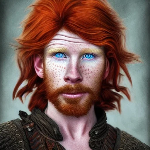 Portrait of young Courtney Gains as a ruggedly handsome, joyful, roguish pirate, charismatic, attractive male, masculine, precisely detailed clear eyes, perfect, unblemished, flawless skin, softly freckled face; meticulously detailed multi-hued ginger carrot-colored cherry fire red hair; fantasy, intricate, elegant, highly detailed, digital painting, concept art, matte, sharp focus, illustration, art by artgerm, greg rutkowski and alphonse mucha