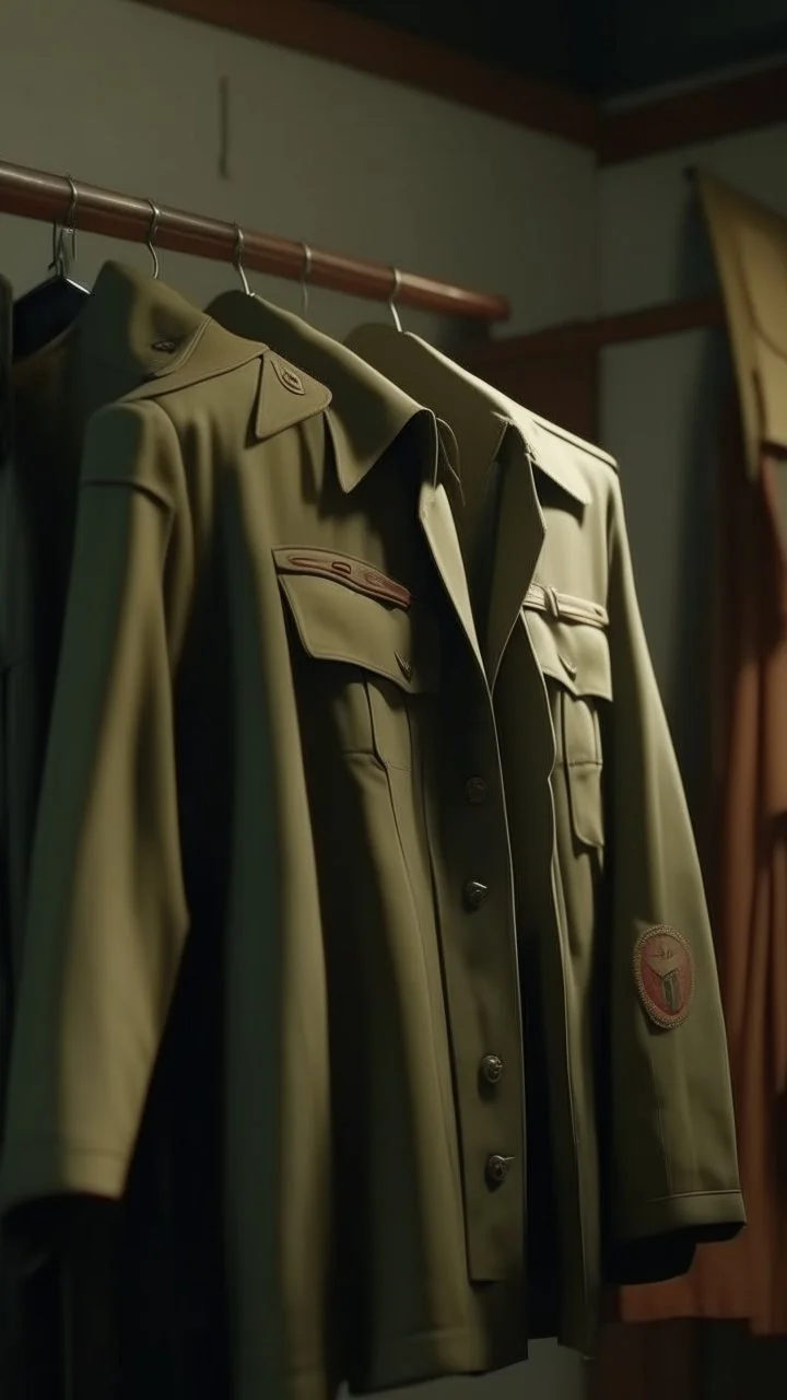 A hyperrealistic shot of an American military suit hanging on the wall with hangers , intricate details, soft natural light, screen captured from 4K Blu-ray