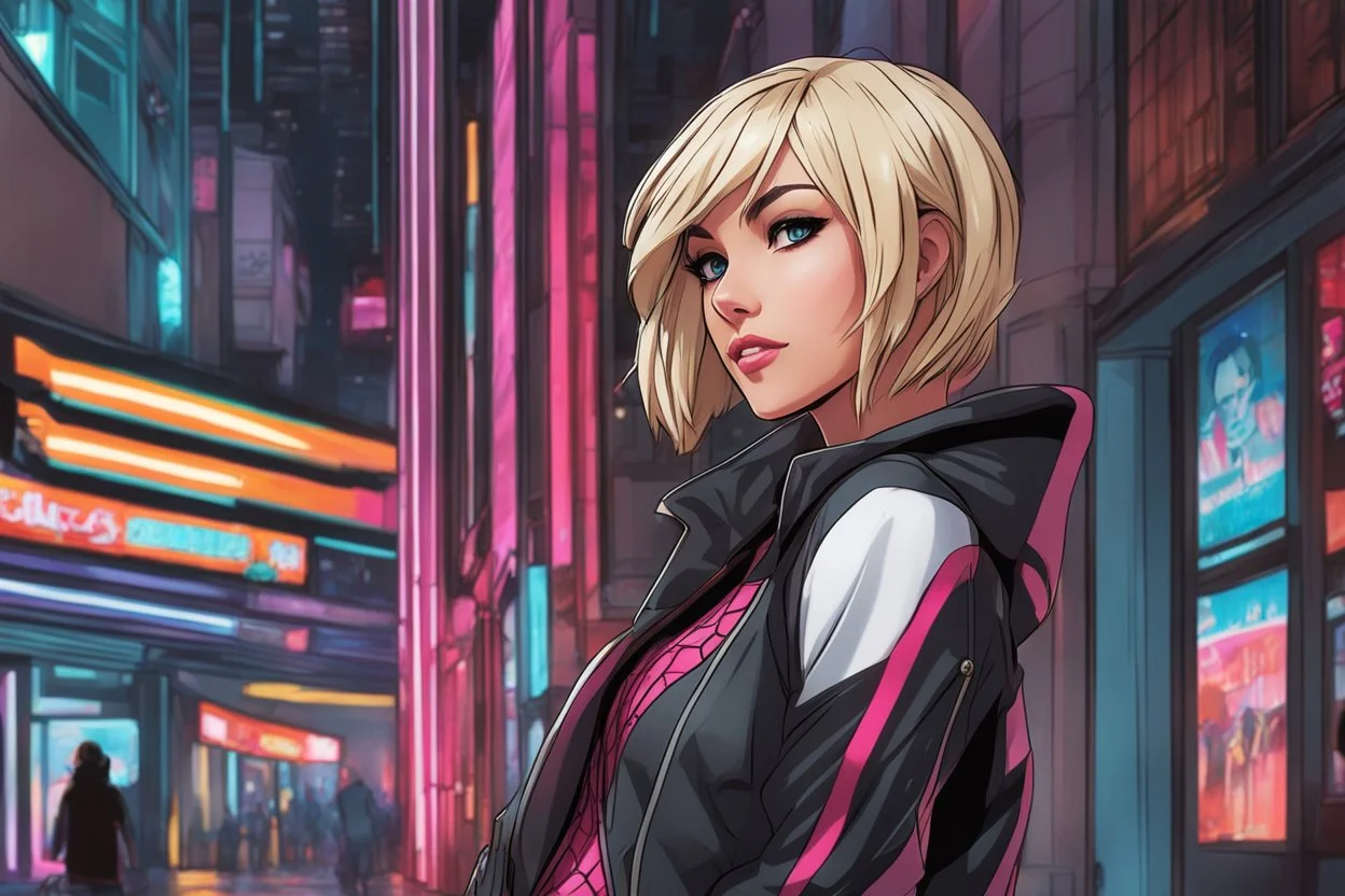 Spidergwen with short hair in 8k Hayao Miyazaki draw style, yu gi oh them, neon effect, close picture, rain, highly detailed, high details, detailed portrait, masterpiece,ultra detailed, ultra quality