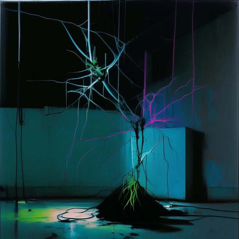 Minimal abstract oil painting of a neon plant in concrete warehouse brutalist architecture and hanging wires illuminated at night. With triadic colours. In the style of Justin Mortimer and Phil Hale, Ashley Wood