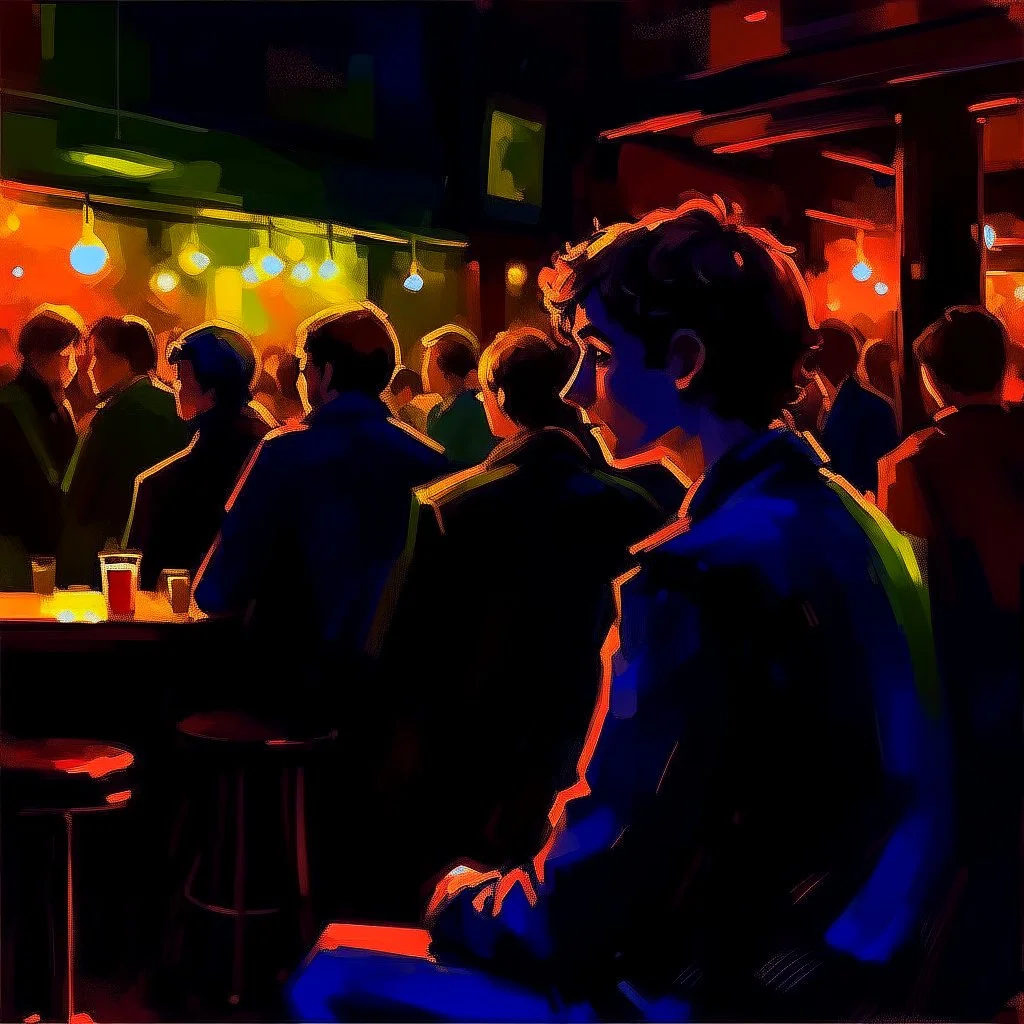 a single figure in a crowded bar at night, young people, dark colors, impressionist style