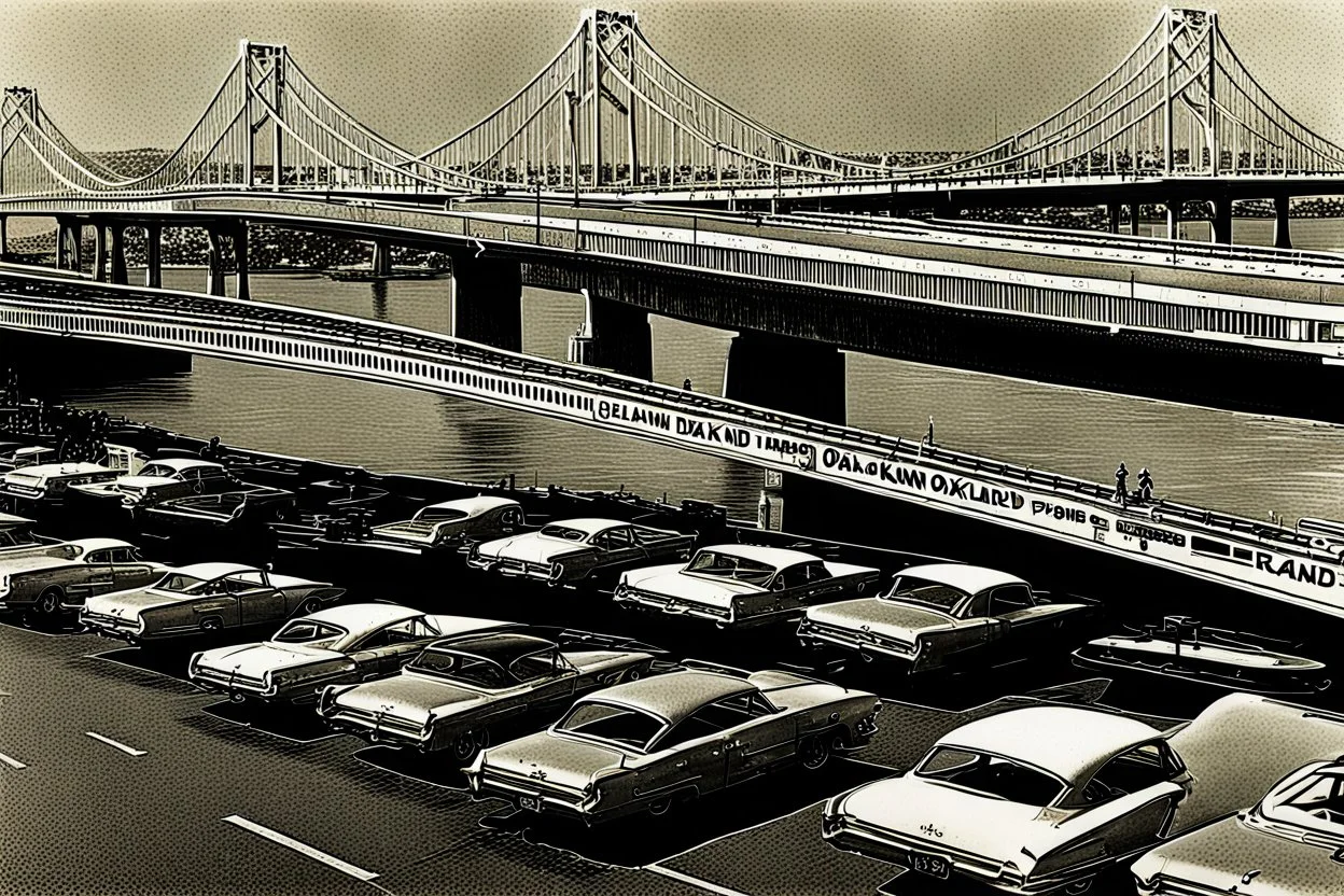 Schwarzweißfoto von der Oakland Bridge aus den 1960ern mit vielen damaligen Automodellen