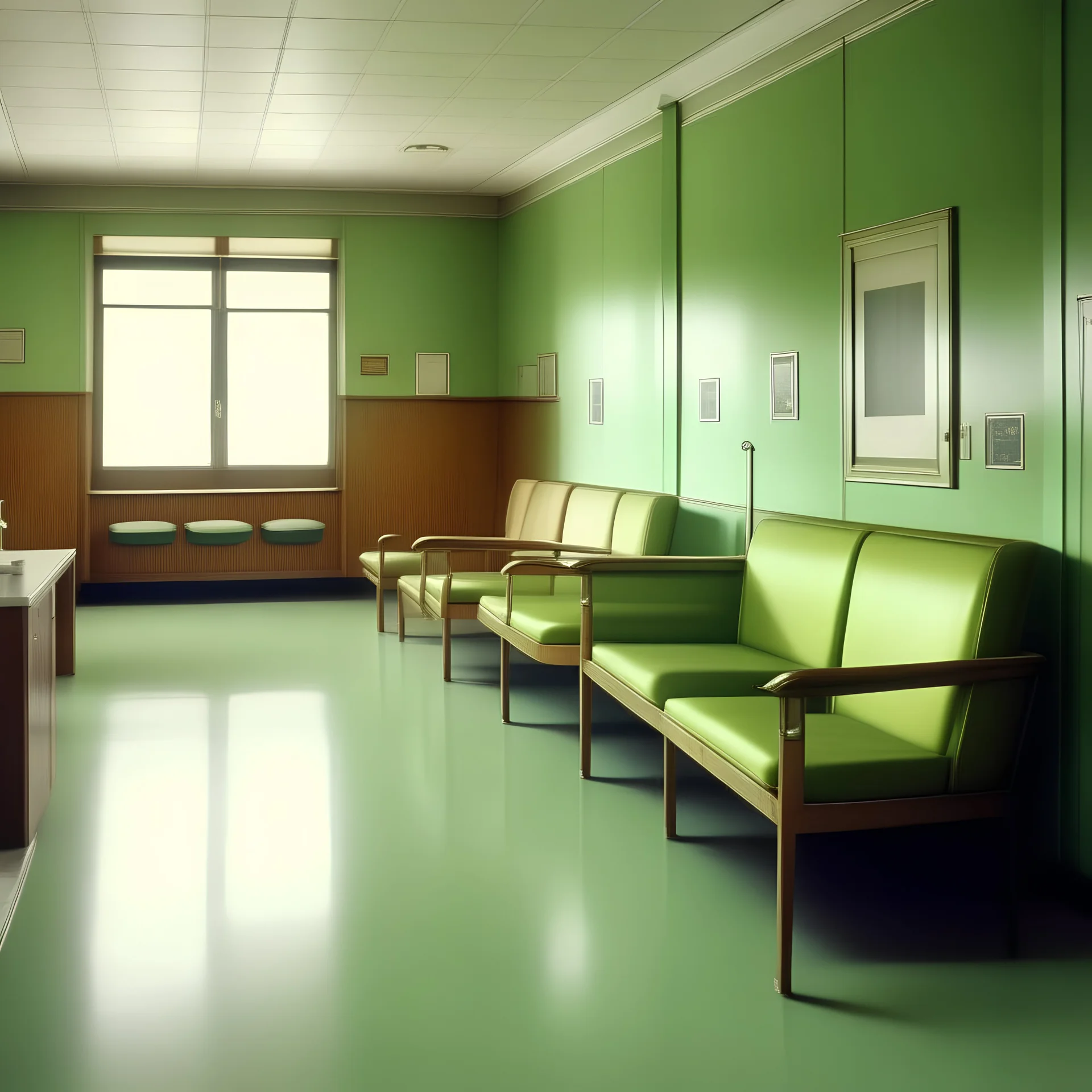 Salle d'attente, hôpital, chaises vert espastel, et bois, style autochrome