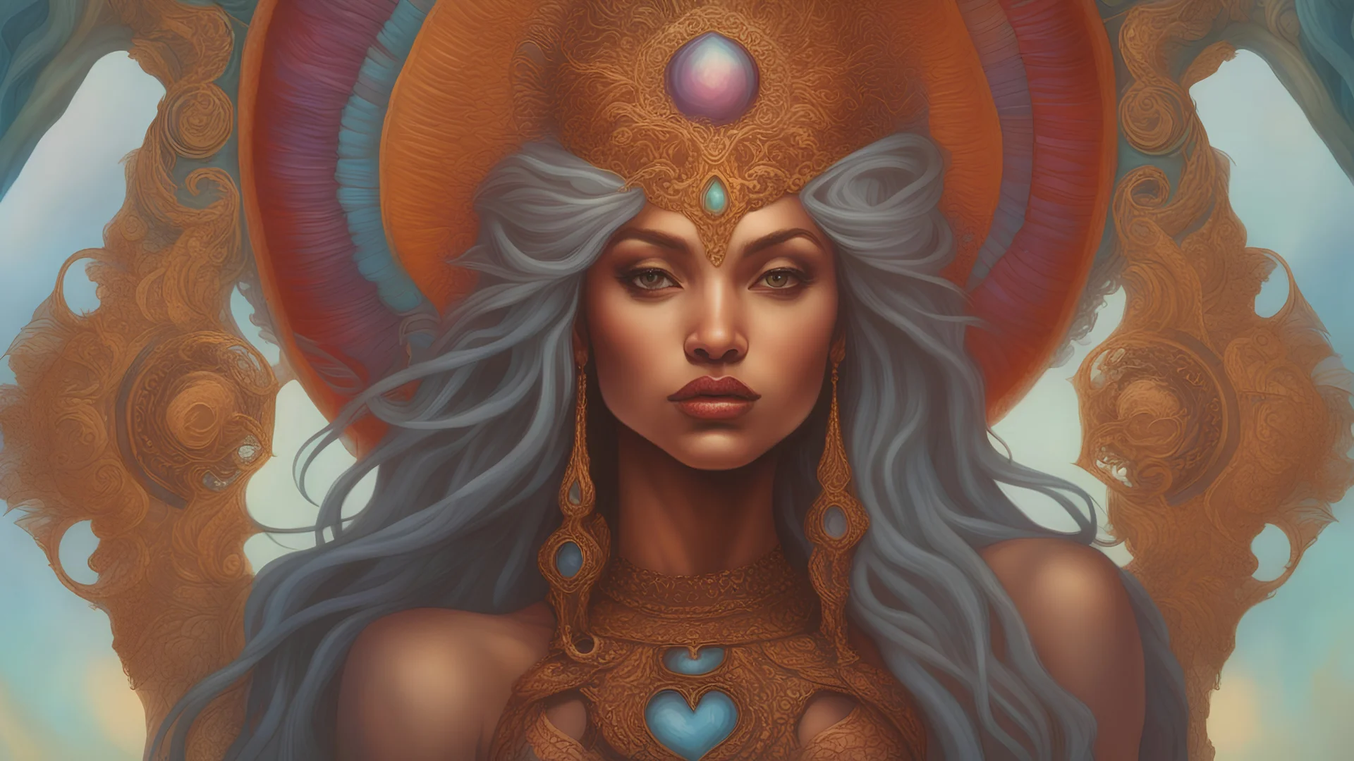 The beautiful goddess of intens love. concept art, mid shot, intricately detailed, color depth, dramatic, 2/3 face angle, side light, colorful background. Painted by Julie Bell