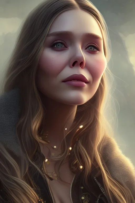 Elizabeth Olsen smiling sorrow , 8k resolution, realistic, intricate, 8k resolution, high-quality, fine-detail, digital art, detailed matte, volumetric lighting, dynamic lighting, photorealistic