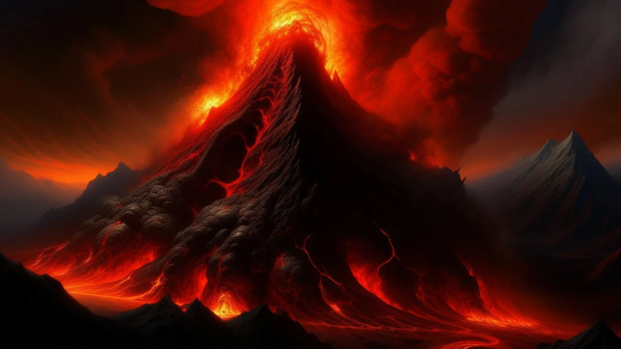 Una criatura de escamas de obsidiana y ojos de magma flota sobre un volcán activo en un mundo de atmósfera densa, su movimiento genera ondas de calor que distorsionan el aire como espejismos líquidos, estilo de pintura volcánica digital con texturas rugosas y paleta ígnea, fusionando la intensidad de Caravaggio con la escala cósmica de Chesley Bonestell.