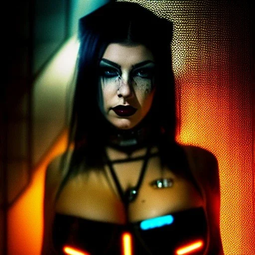 portrait oil on canvas, beautiful punk busty female Cyborg, intense stare, sad glowing eyes, post-apocalyptic in a cyberpunk city,minimal skintight latex dress, bladerunner movie poster, realistic, intriacte detail, sci-fi fantasy style, masterpiece, volumetric lighting, particles, highly detailed ,cinamatic , deep colours,8k, in the style of Kaare Andrews