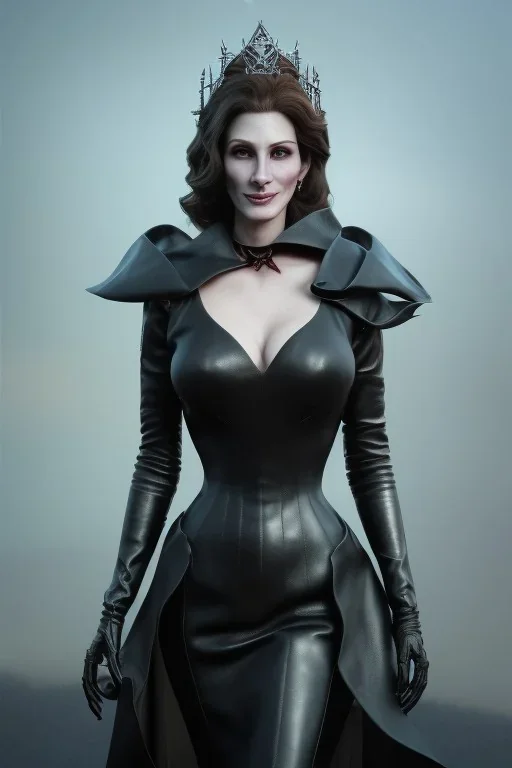 Julia Roberts as evil queen in black leather gown, evil, busty, cleavage, curvy, angry, stern look. character design by cory loftis, fenghua zhong, ryohei hase, ismail inceoglu and ruan jia. unreal engine 5, artistic lighting, highly detailed, photorealistic, fantasy