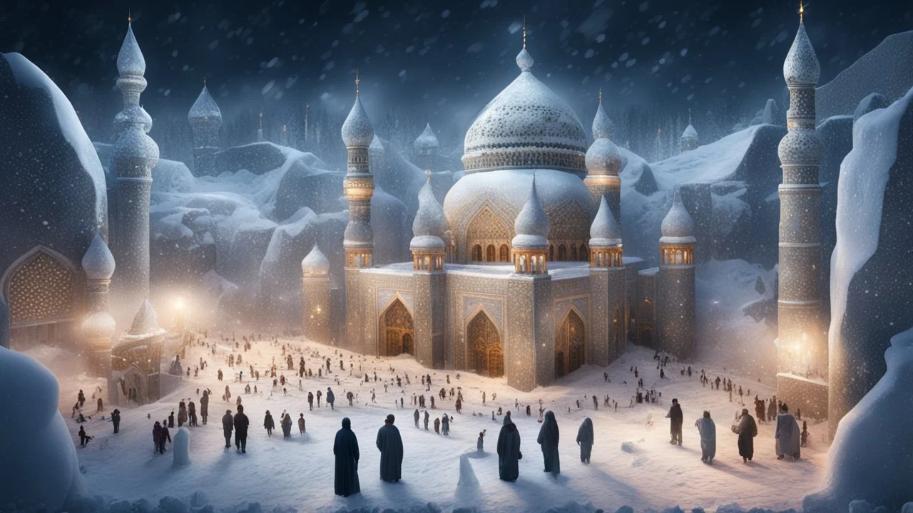 Hyper Realistic areal Photographic-aerial-view of lots-of-young-muslim-men-worshiping outside a Huge-Beautiful-Iced-Mosque-with-detailed-craft-work-on-walls & with Frozen-Iced-minarets & stone-boundary-wall on a frozen-mountain-top with heavy-snowfall-night showing dramatic & cinematic ambiance.