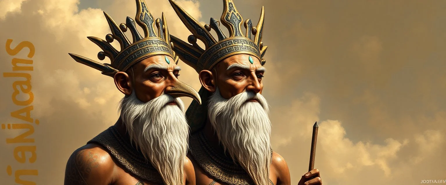 realistic rendering Portrait of the Apkallu sages who were sent by the god Ea to teach civilization to humanity before the flood. They were depicted as half-human and half-fish or bird, and were associated with wisdom, magic, and culture.