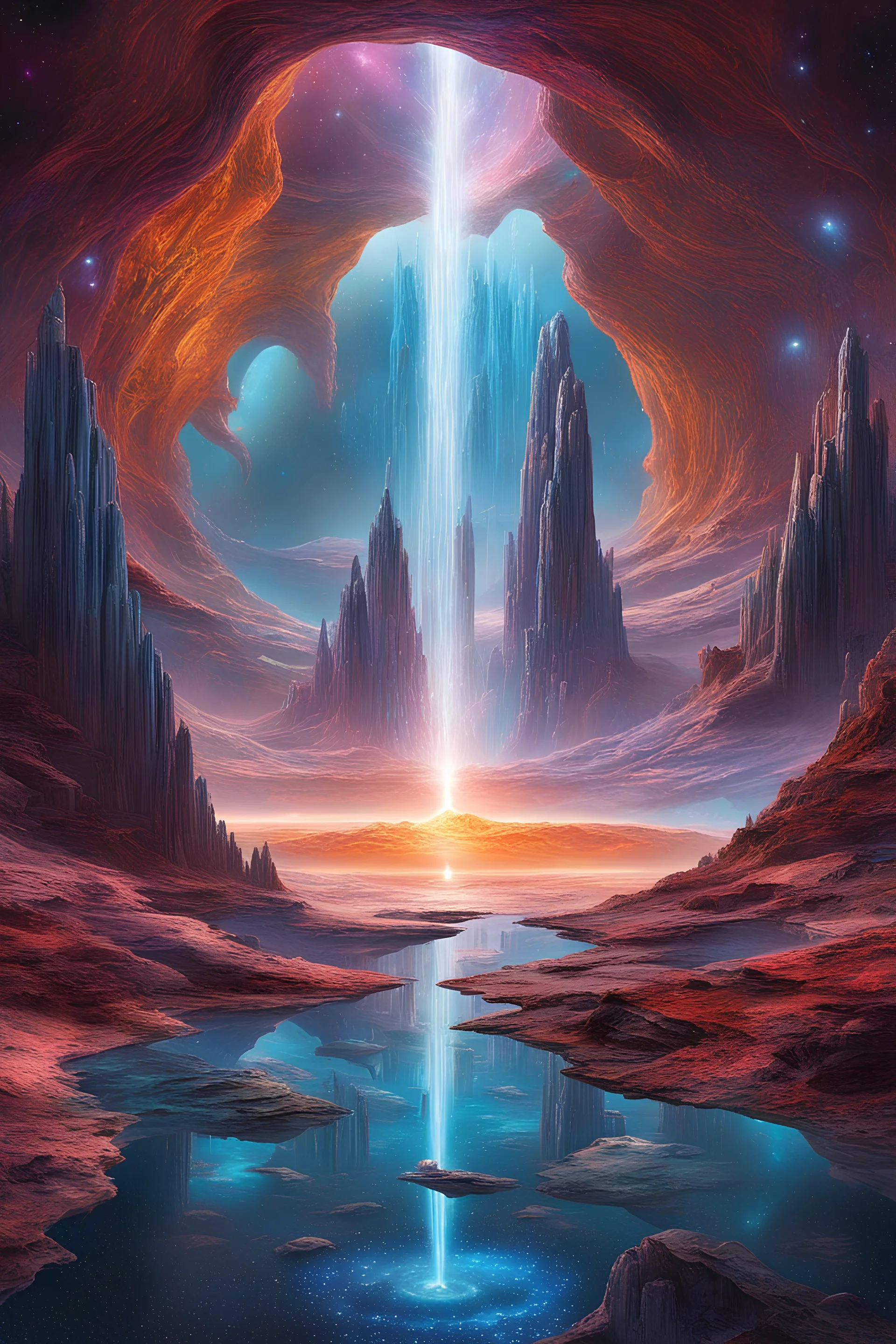 A surreal and intricate scene in the heart of a strange world within one of the intelligent civilizations of the Andromeda galaxy. This world is based on a complex structure made primarily of carbon and crystal, with a myriad of intricate shapes and patterns adorning its surface. At the center of this world, a towering fountain of transparent colors cascades gently downwards, creating a mesmerizing display of iridescence and light. Surrounding the fountain are beings that possess four parallel a