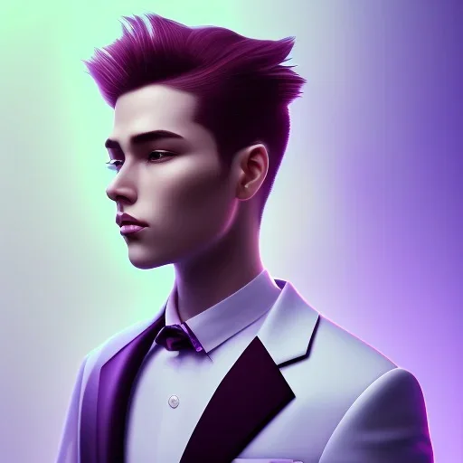 man, cute face, white highlight hair, brown eye, white, skin, purple suits, futuristic, science, purple, blue, dark pink background lighting, technology, profile, asian boy, square face, orange backlight