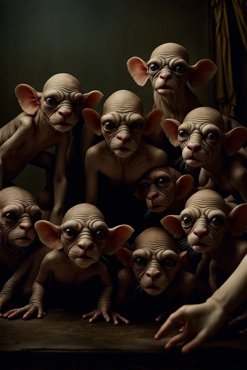 many Photorealistic Flea Circus contortionistic adorable creatures: group selfie: photography by Annie Liebowitz: ultra high definition, intricate details, 8K --ar 3:2