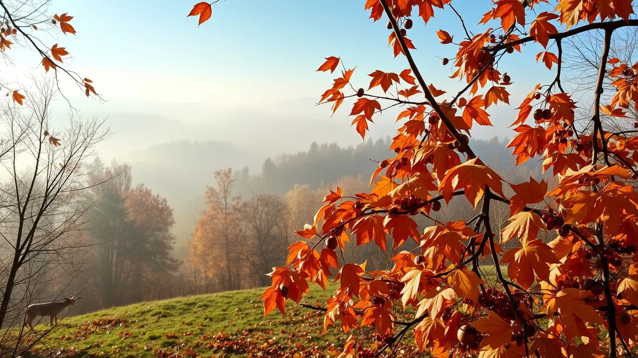 Autumn: falling leaves, chestnuts, acorns, berries, Misty mornings, fog over distant fields or forests, sunshine; people wear scarves, woolly hats, gloves, warm drinks; birds migrating, squirrels gathering nuts, rabbits, deer, beautiful colours, atmospheric. Award winning photograph.