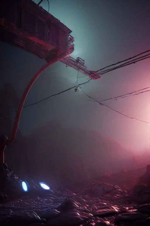 3d, si-fi hunger, middle stand on round platform, connected by wires , vr googles, beautifully color coded, super detailed, moody lighting, volumetric lighting, night time, glowing veins, mass effect, vertical light glow