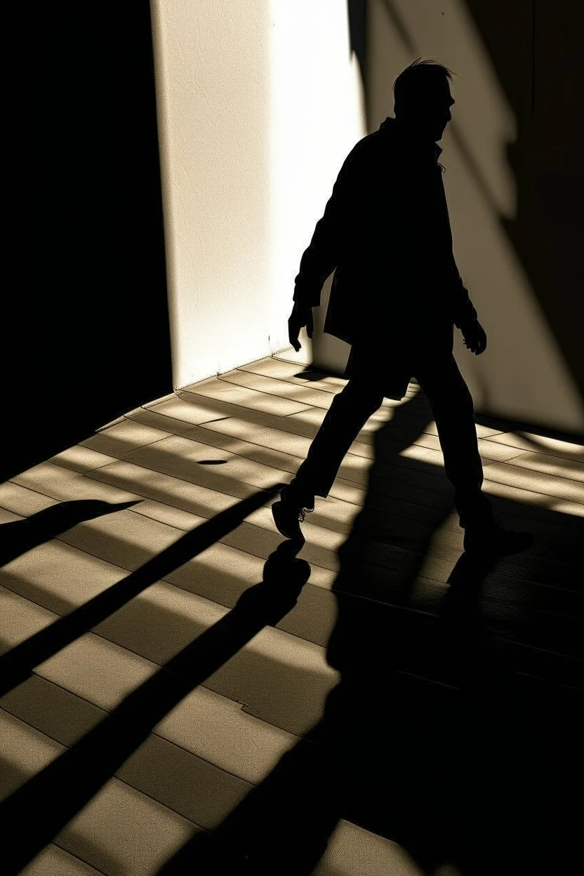a distressing image of a person walking, shadow trailing them, but the shadow is a monster