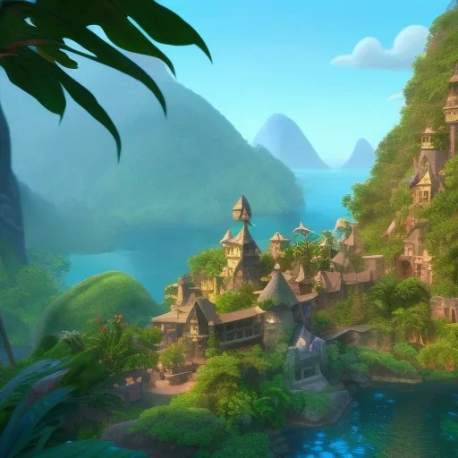 Castle meets skyscraper league of legends, in the jungle, full detail, intricate detail, cinematic, 8 k, cel shaded, unreal engine, featured on artstation, pixiv, cartoon style