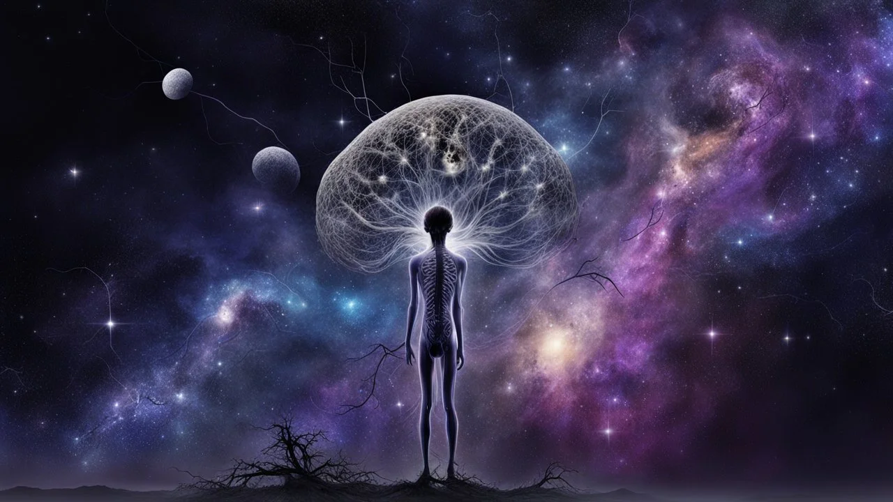 abstract 2d digital art graphic and ink montage,. galaxy in background with nebulas, pale silver gray human nervous system with fade little lights , dark purple, white-dark blue-pale gray and black colors, stunning composition with strange surreal vibe, emotional, abstractions, neurodivergens soul and mind, cinematic, thriller, four little human dark shilouette floatings in universum