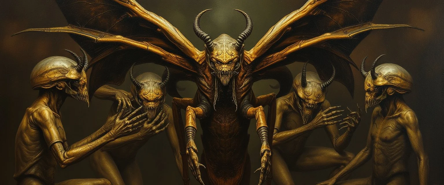 master oil painting by Rembrandt, insectoid Nephilim tribe trauma watchers in the style of Giger