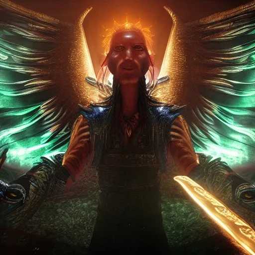 king shamn , avatar , swords , angel wings . 4k , unreal engine , wallpaper, high detail, hyper detailed, magic, copper, gold, black, red, green, purple, crimson, smoke, particles, Beam of light, necromancy, divination, supernatural powers, omen, hidden knowledge, event, foresee, foretell, fortold, art, fantasy, towering stature, grandiose, overpowering render, dark fantasy, unreal engine, raytracing