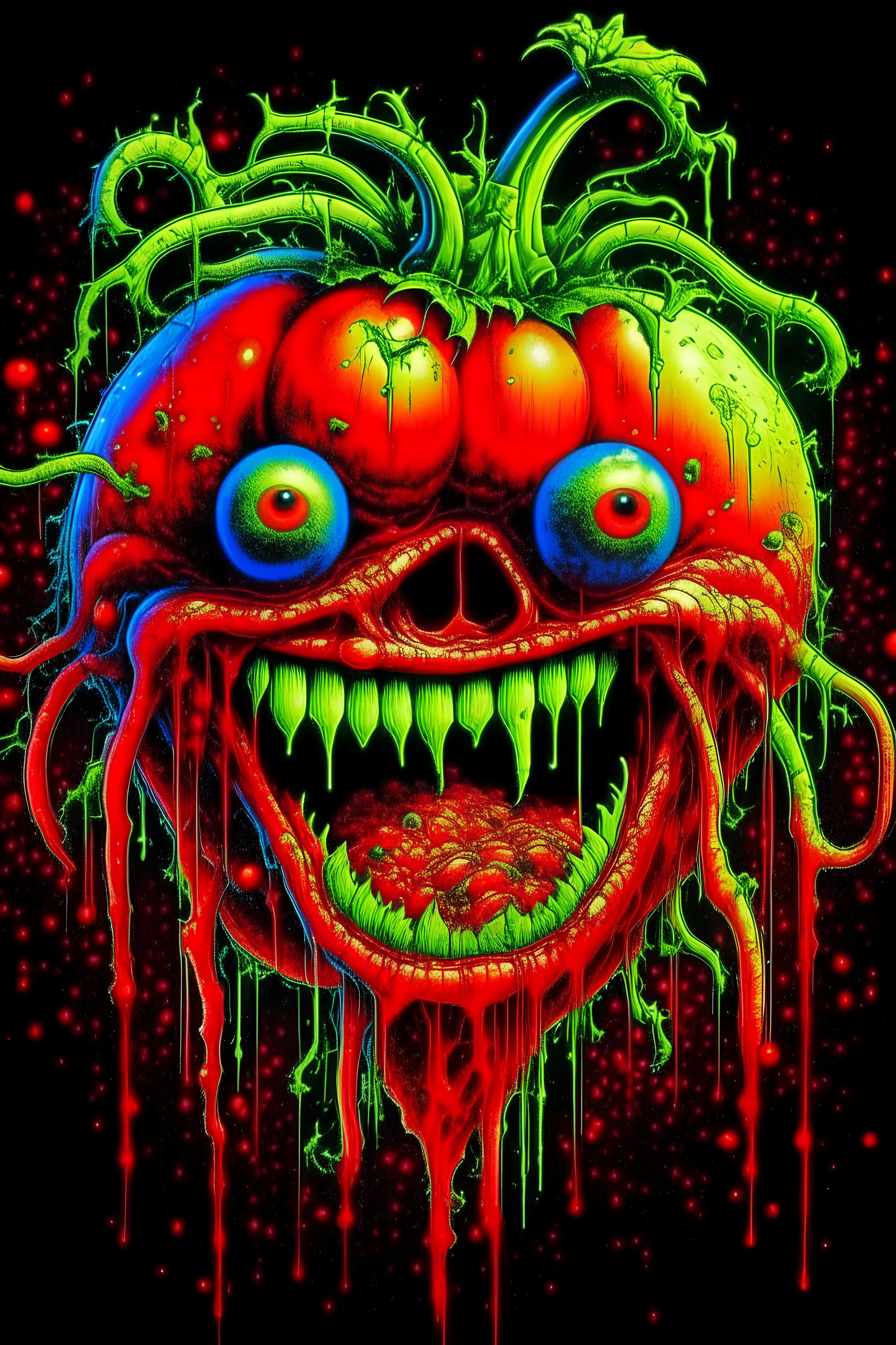 a large, deranged tomato with a maniacal expression and a dripping maw, and long vine arms, chasing a fleeing person; glitter, Luminous color sparkles, extreme colors, 1980's poster art, vaporwave