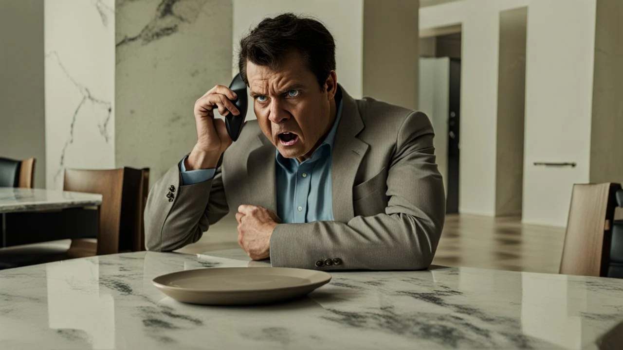 angry guy on phone at incomplete table next to marble tabletop